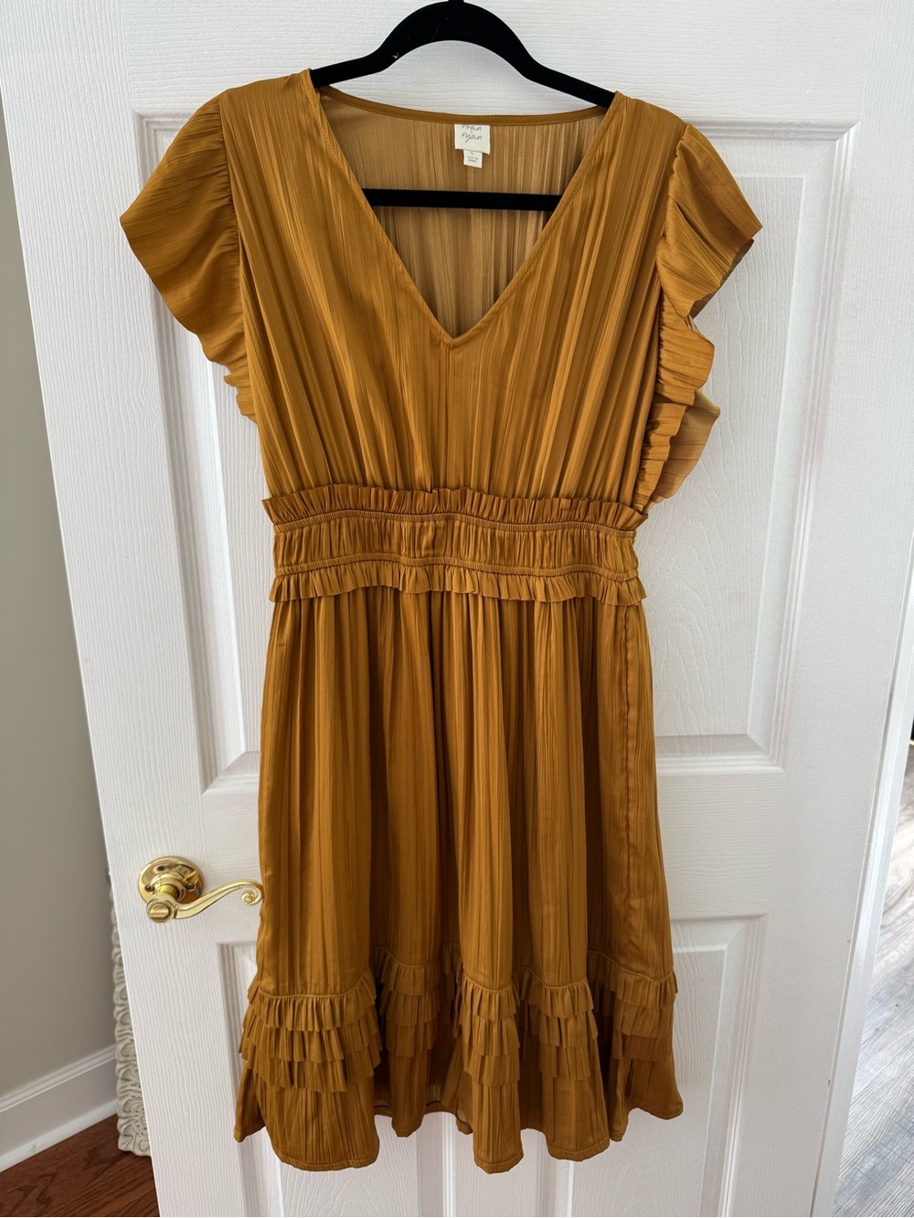 Pleated V-Neck Ruffle Midi Dress in Mustard
